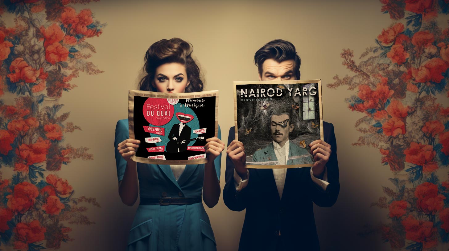 une femme et un homme au look vintage tiennent des affiches