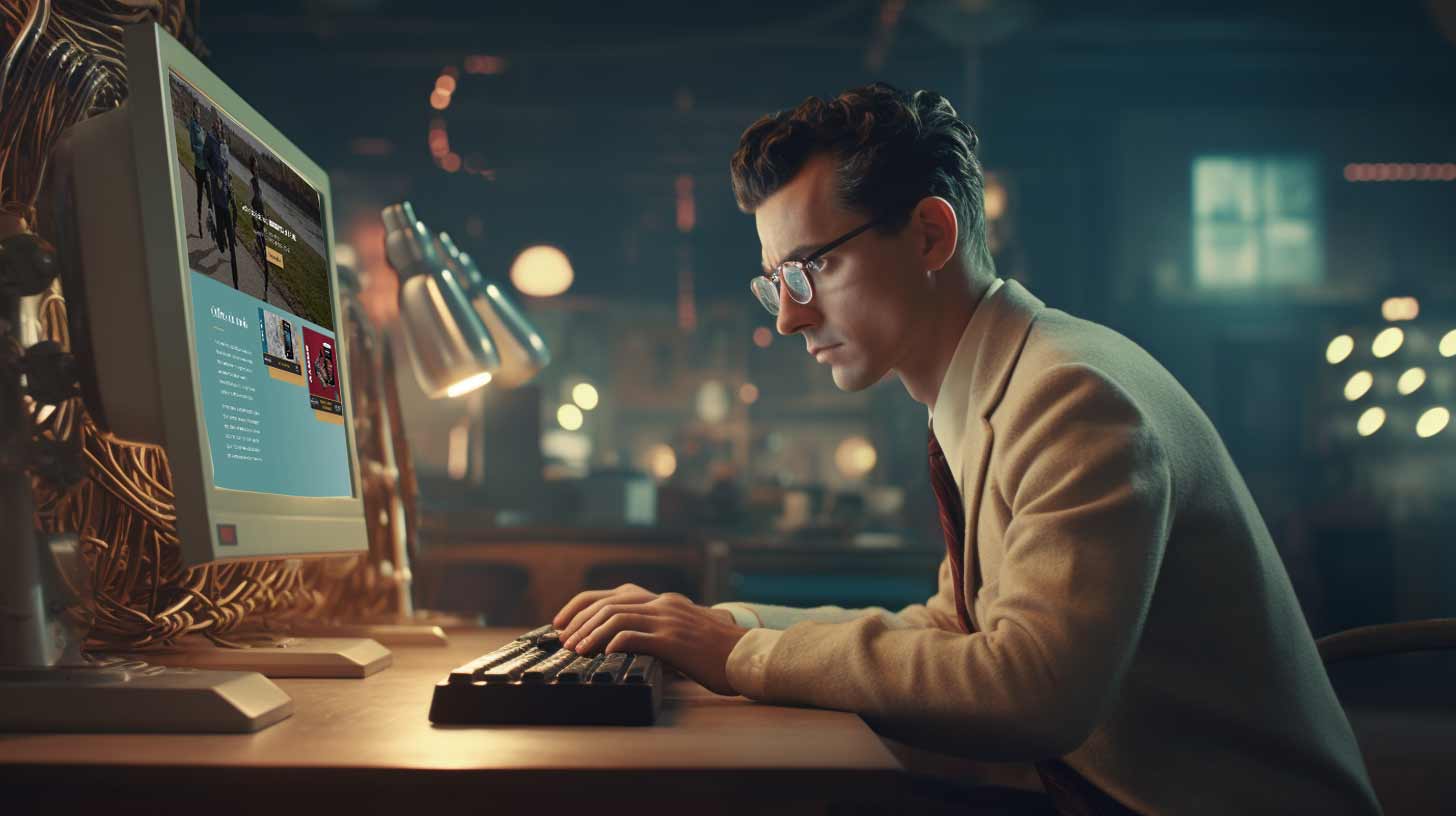 Homme  au style vintage devant un ordinateur